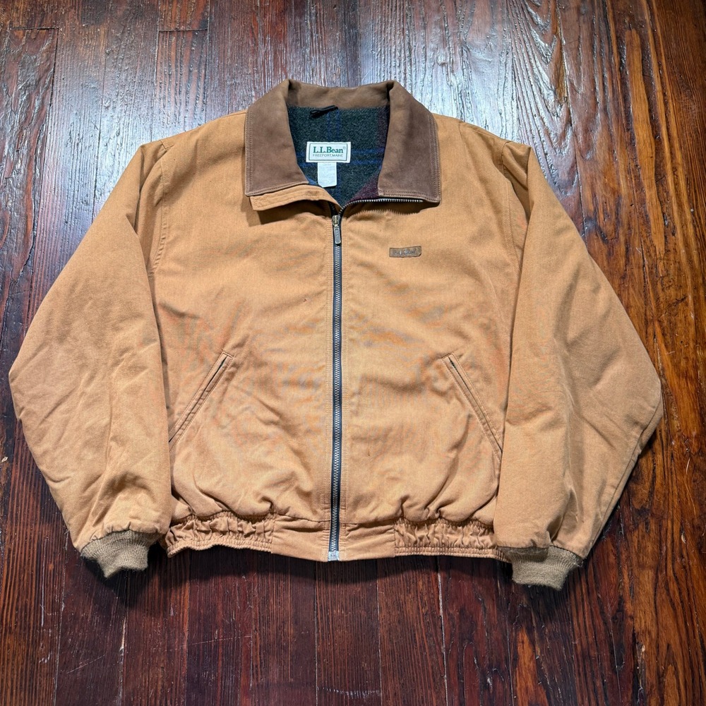 Vintage LL Bean Jacket Mens L Tan Canvas Bomber Plaid Wool Lined USA Made 80s